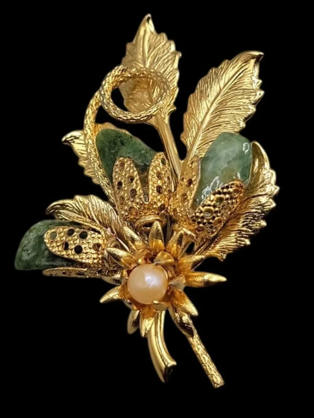 Gold Plated Jade Faux Pearl Flower Brooch Textured Leaves Detailed Design